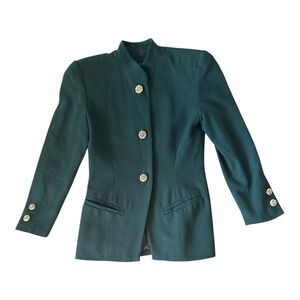 Vintage Green Wool Blazer Mandarian Collar Gold Button Women's Size 8